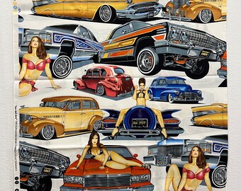 Sexy Pinup Girls with Vintage Muscle Cars called LOW AND SLOW - Alexander Henry Fabric