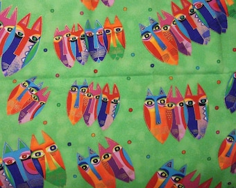 Laurel Burch CAT HEADS on Bright Green - OOP "Jungle Songs" Collection