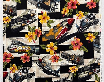 Rare Vintage Fabric - WWII Era Prop FIGHTER PLANES & Hibiscus - Yardage