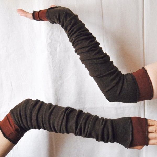 Creased Arm Warmers Dark Brown Upcycled Clothing Funky Long Arm Warmers Wrapped Wrists Cuffs Eco Tattered Style Woman's Clothing