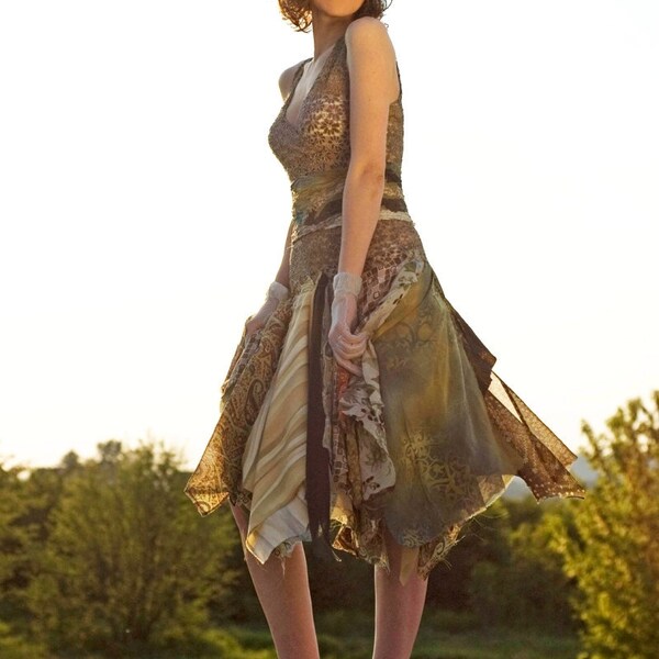 Forest Fairy Green Dress S M Size Tattered Romantic Upcycled Woman's Clothing Funky Style Shabby Chic Eco Friendly Style Upcycled Clothig