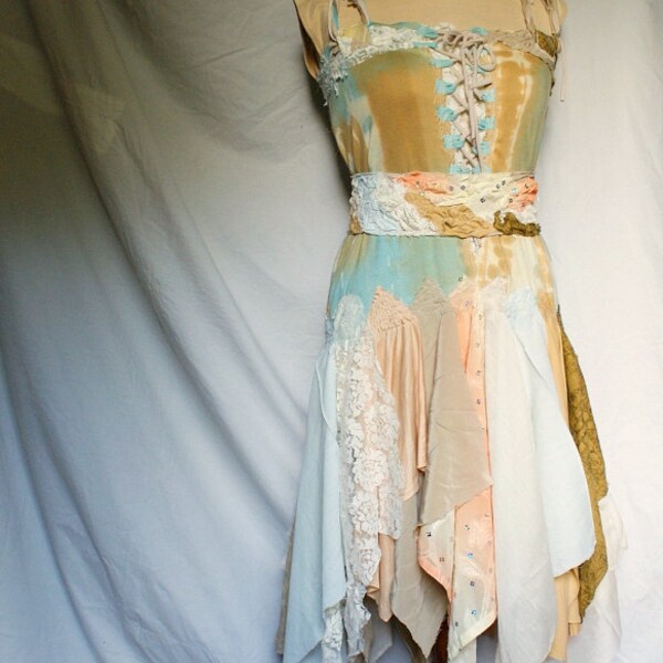Fairy Tattered Romantic Beige and Blue Skirt / Dress. Funky Eco Style.