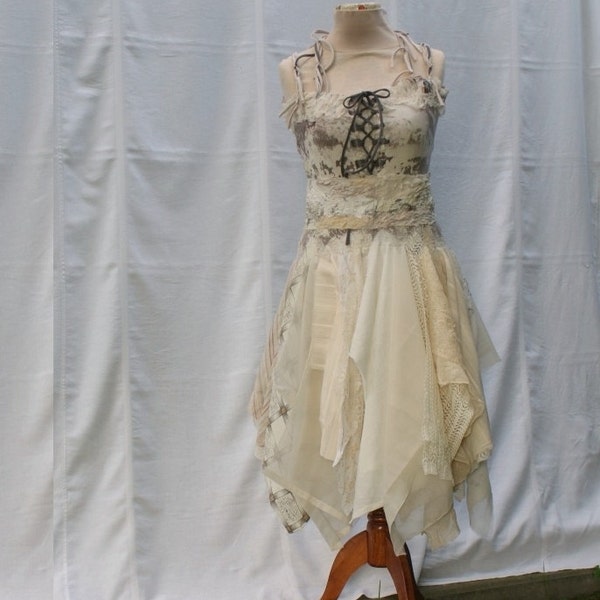 Mori Girl Natural Fairy Tattered Bridesmaid Dress Beige Ivory Romantic Dress Upcycled Woman's Clothing Funky Style Shabby Chic Eco