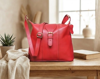 Genuine Leather Red Shoulder Bag Vintage Style Everyday Purse