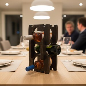May include: A dark brown wooden wine rack with a modular interlocking design holding three glass wine bottles. The rack features circular cutouts for bottle storage and is positioned upright on a flat surface, showcasing a sturdy construction.