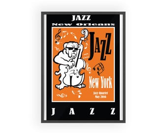 Póster de jazz de Nueva Orleans/Nueva York con marco de madera.