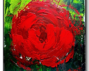 Red Rose Original Art 8x8 Canvas Fine Art Expressionist Abstract Vibrant Bold