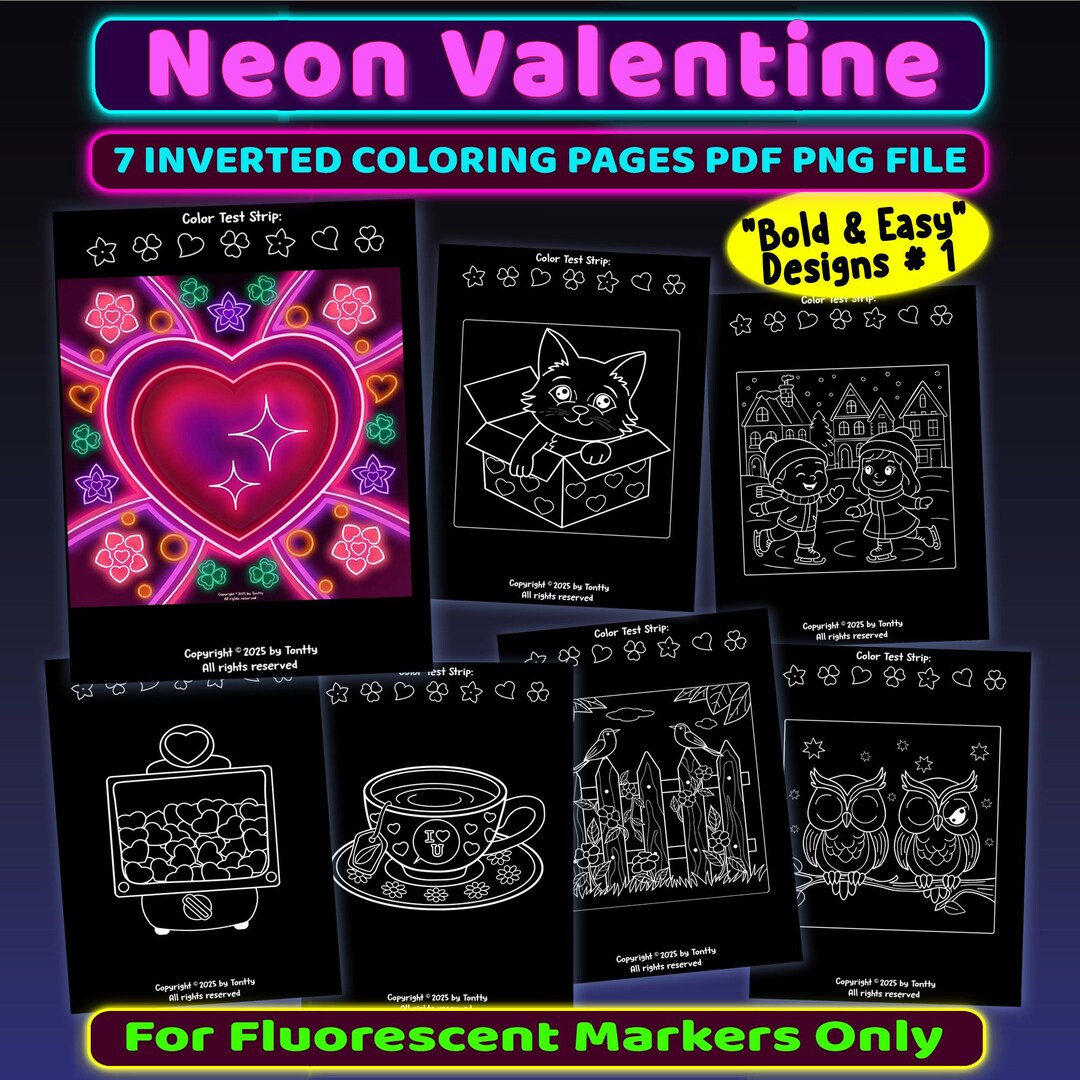 Neon Valentine Coloring Pages | Heart Mandala Cute Cat & Couple | Black ...