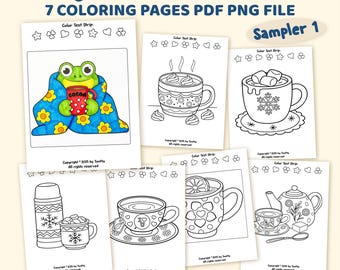 May include: A collection of seven coloring pages featuring cozy winter drinks. The pages include illustrations of a frog with cocoa, mugs of hot chocolate, and tea sets. The text "Cozy Winter Drinks" and "Digital Download" are visible.