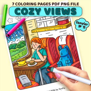 Puede incluir: Una página para colorear titulada "COZY VIEWS" con una escena del interior de un tren. La imagen presenta a una persona mirando por la ventana, una taza de café y un sándwich. La página está etiquetada como "Sampler № 15" e incluye el texto "7 COLORING PAGES PDF PNG FILE".