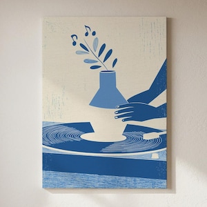 Minimalistische Musik Leinwand Kunst, Keramik Vinyl Druck, Blaue abstrakte Wanddekoration, künstlerische Plattenspieler Leinwand, Keramik Studio Geschenk, kreative Kunst