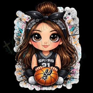 Op de afbeelding: Digitale illustratie van een cartoonmeisje in een zwart-grijs basketbalshirt met nummer 21 en het woord "SPURS". Ze houdt een basketbal met het Spurs-logo vast. Ze heeft bruin haar en draagt een zwarte haarband.