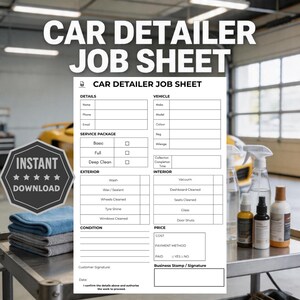 Peut inclure: Une fiche de travail de détail de voiture avec des sections pour les détails, les informations sur le véhicule, les forfaits de services, le nettoyage extérieur et intérieur et les prix. La fiche comprend un espace pour la signature du client et le tampon de l'entreprise.