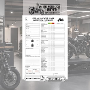 以下が含まれることがあります： Used Motorcycle Buyer Inspection Checklistというタイトルの白い紙の文書で、黒い文字とグラフィックが印刷されています。オートバイの詳細、タイヤの溝、試乗メモ、ライト、ブレーキ、エンジン性能を確認するためのグリッドセクションが含まれています。