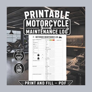 Pode incluir: Um registo de manutenção de motociclo imprimível com um layout de grelha branca e texto preto. O formulário inclui secções para detalhes da mota, rasto dos pneus, notas de serviço e uma lista de verificação para motor, travões e suspensão.
