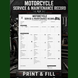 Livro de Registro de Manutenção de Motocicleta | Registro de Serviço Faça Você Mesmo para Imprimir | Rastreador de Manutenção de Motocicleta | Histórico de Serviço da Motocicleta | PDF em A4 e Carta (EUA)