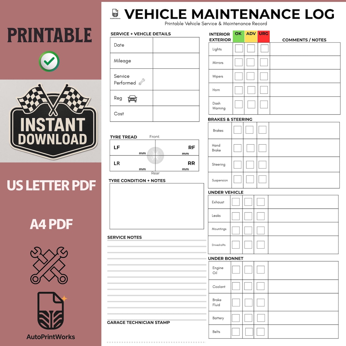 Car Maintenance Log Printable | Car Service Record Sheet | Car ...