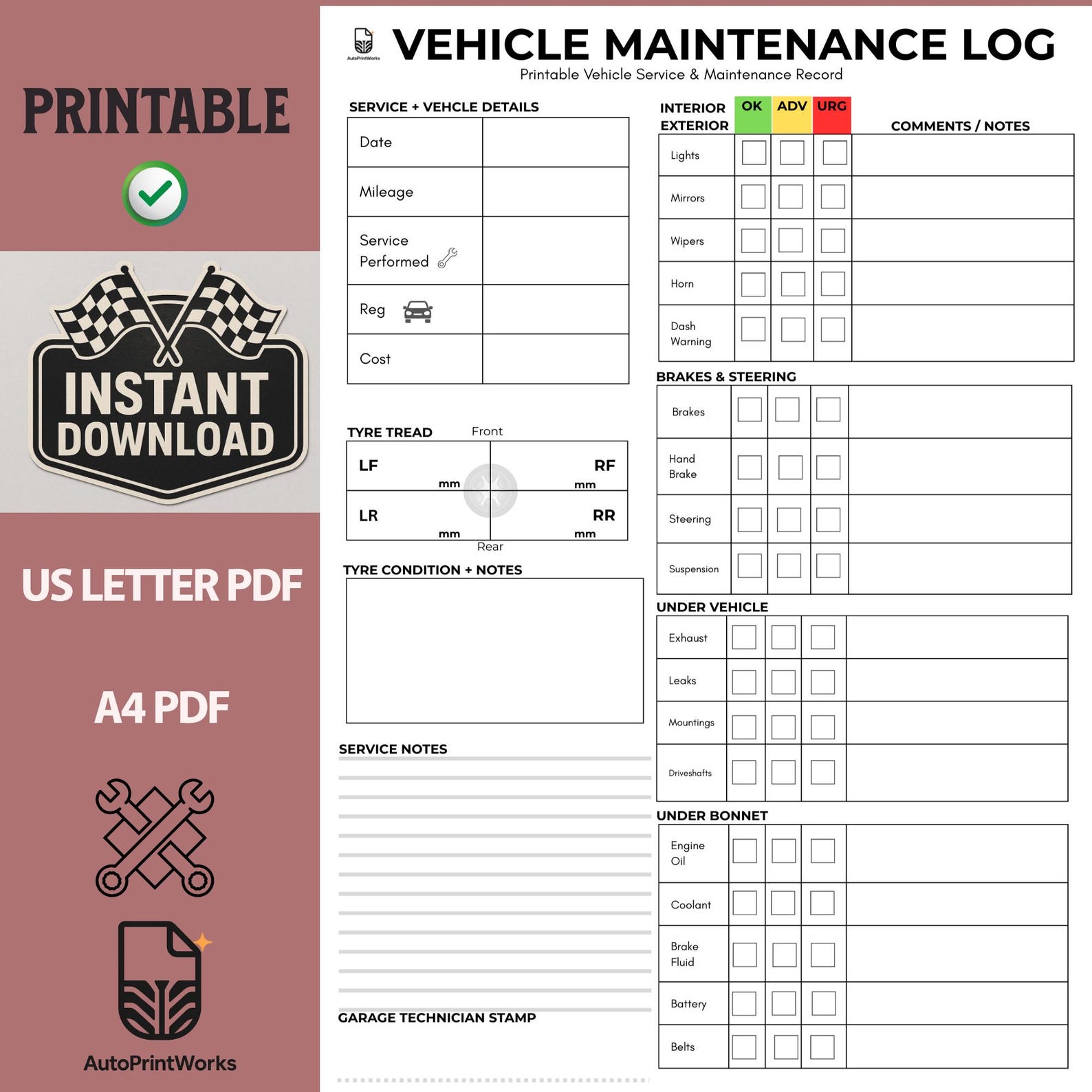 Car Maintenance Log Printable | Car Service Record Sheet | Car ...
