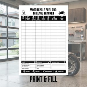 Könnte beinhalten: Ein weißes Papier-Logbuch zur Erfassung von Kraftstoffverbrauch und Kilometerstand für Motorräder mit schwarzem Text und Symbolen. Das Raster enthält Spalten für Datum, Kilometerstand, Strecke, getankte Menge, Preis, Kosten und Notizen.