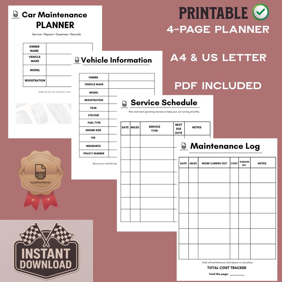 Car Maintenance Planner Printable | Car Service Log Book | Vehicle ...