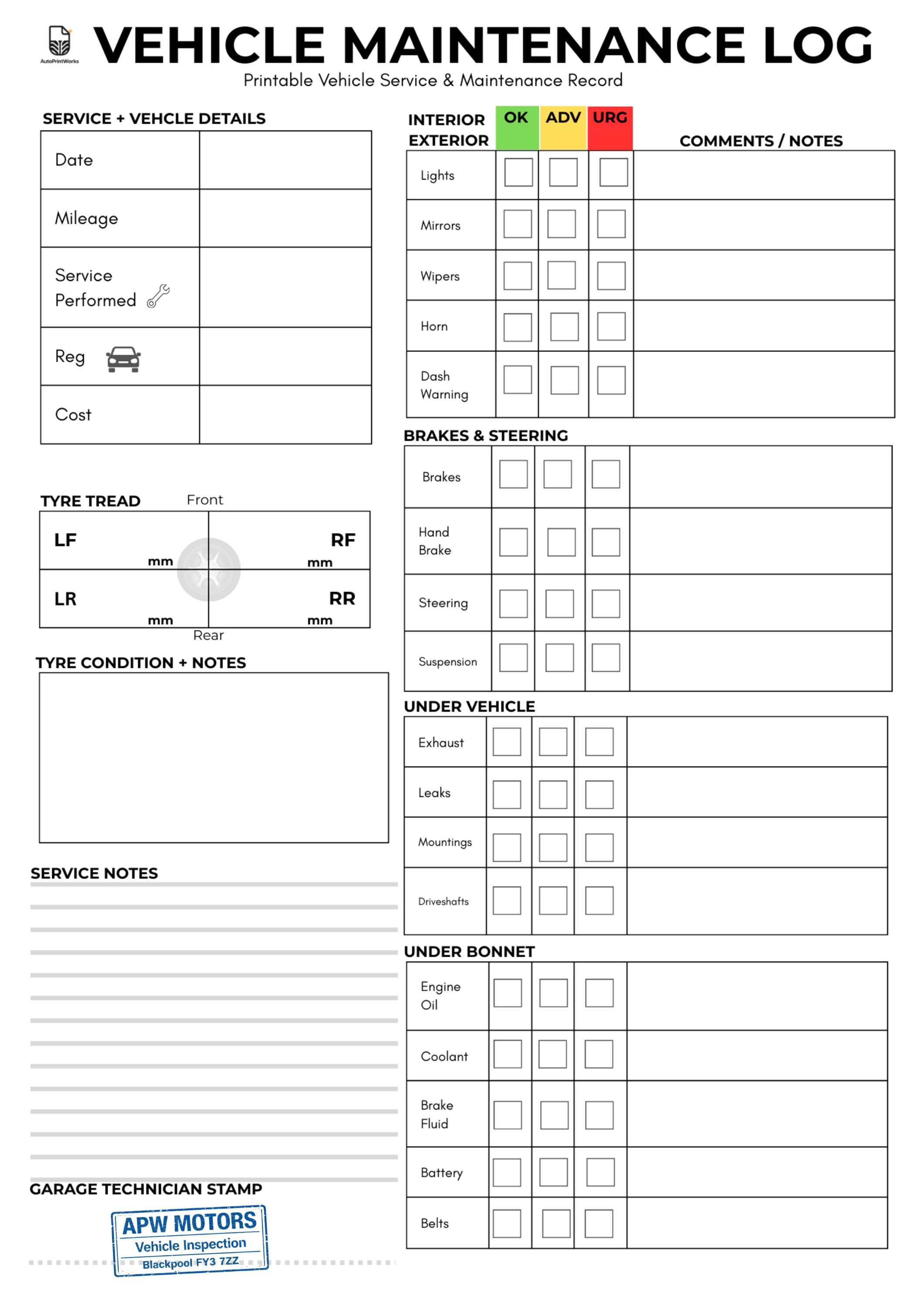 Car Maintenance Log Printable | Car Service Record Sheet | Car ...
