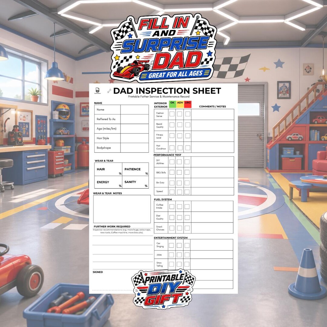 Personalised Dad Inspection Sheet Printable PDF | Funny Car Dad Gift ...