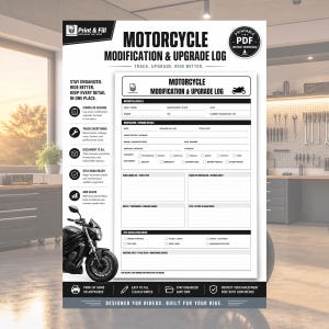 May include: A printable motorcycle modification and upgrade log document featuring sections for bike details, modification history, performance changes, and post-installation checks. The white form includes black text, checkboxes, and a motorcycle graphic.