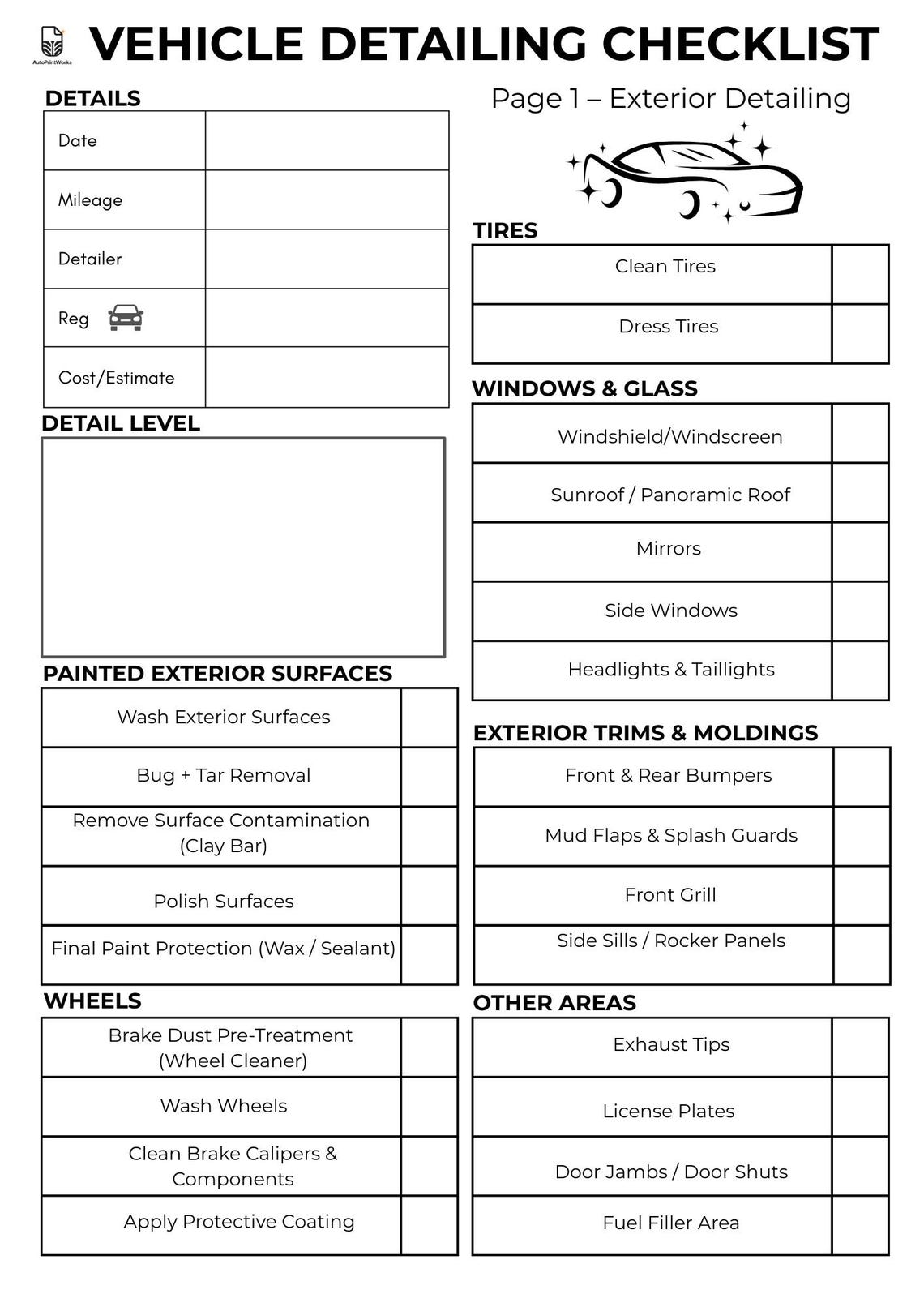 Car Detailing Checklist Printable | Interior & Exterior Cleaning Guide ...