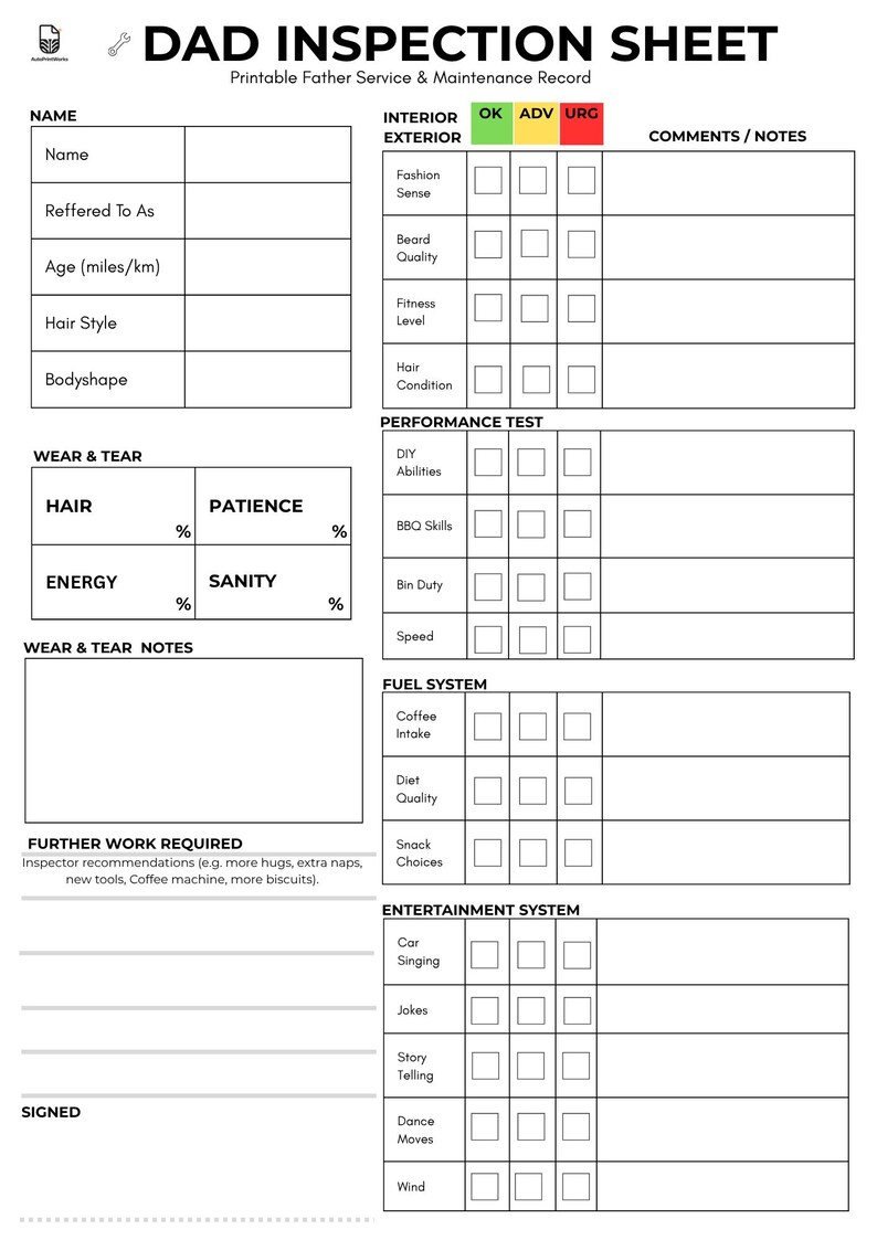 Personalised Dad Inspection Sheet Printable PDF | Funny Car Dad Gift ...