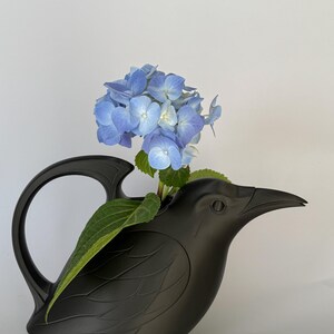 May include: A matte black bird-shaped watering can featuring a curved handle and a pointed beak. A cluster of vibrant blue hydrangea flowers with green leaves is placed inside the opening of the bird, extending upwards from the top of the vessel.