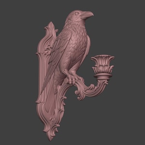 May include: A monochromatic mauve wall-mounted candle holder featuring a sculpted raven perched on a curved, ornate bracket. The design includes a detailed bird figure with textured feathers and a decorative cup for a candle, all set against a backplate.