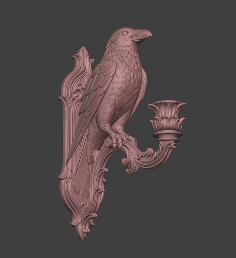 May include: A monochromatic mauve wall-mounted candle holder featuring a sculpted raven perched on a curved, ornate bracket. The design includes a detailed bird figure with textured feathers and a decorative cup for a candle, all set against a backplate.