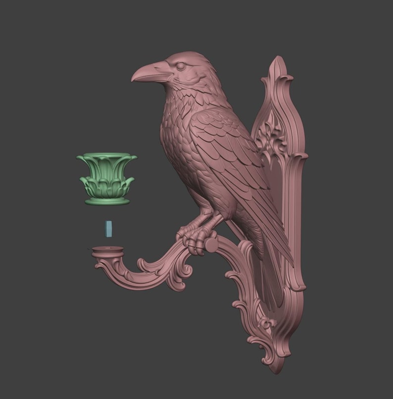 May include: A mauve-colored wall-mounted candle holder featuring a sculpted raven perched on a curved, ornate bracket. A separate, light green, fluted candle cup is positioned above the bracket, aligned with a small blue rectangular connector piece.