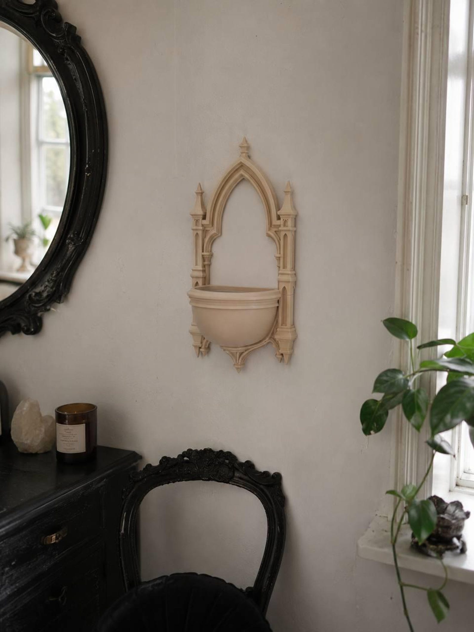 Gothic Holy Water Font, Cathedral Wall Decor thumbnail 4