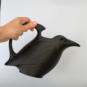 May include: A matte black watering can shaped like a bird, featuring molded feather details on the body, a curved handle extending from the back, and a pointed beak that serves as the spout for pouring water from the vessel.