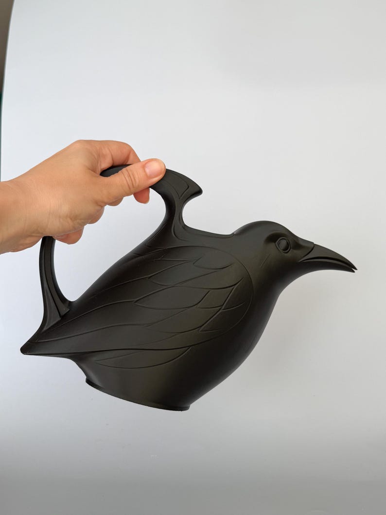 May include: A matte black watering can shaped like a bird, featuring molded feather details on the body, a curved handle extending from the back, and a pointed beak that serves as the spout for pouring water from the vessel.