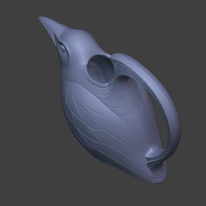 May include: A light purple, bird-shaped watering can featuring a long, pointed beak as the spout, a curved handle extending from the back, and molded wing details on the sides. The object has a smooth, matte finish and a circular opening at the top.