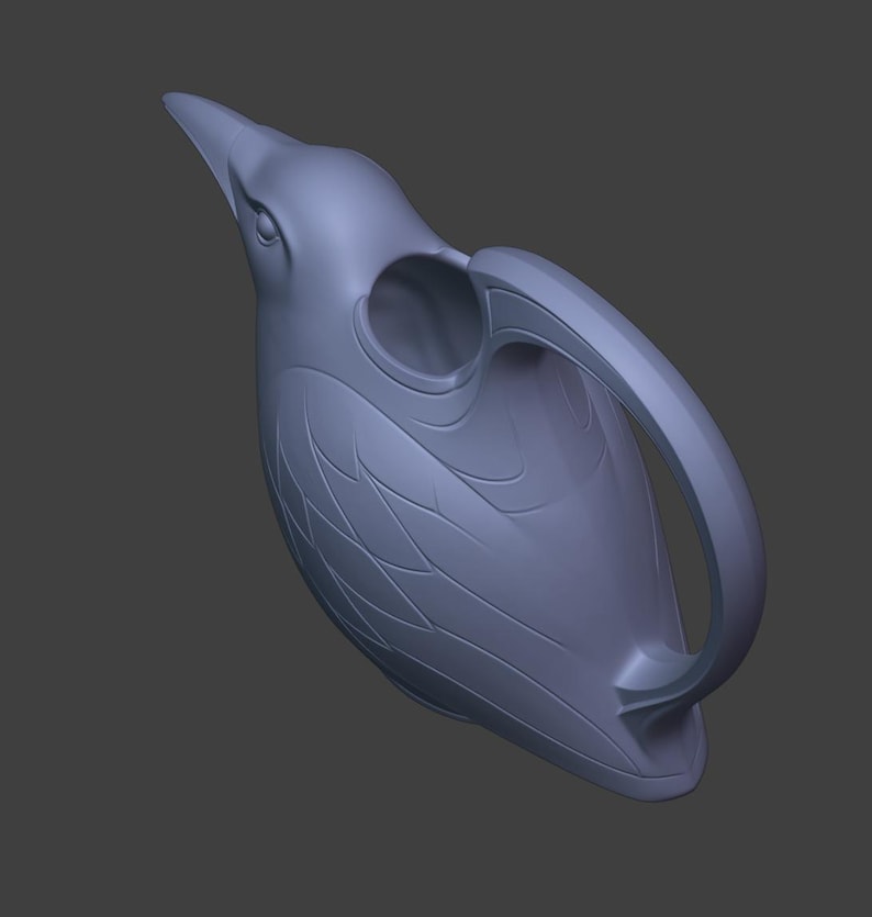 May include: A light purple, bird-shaped watering can featuring a long, pointed beak as the spout, a curved handle extending from the back, and molded wing details on the sides. The object has a smooth, matte finish and a circular opening at the top.