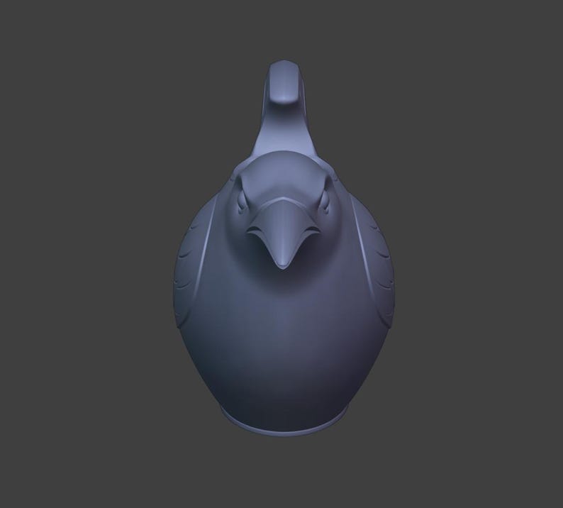 May include: A matte lavender-gray 3D rendered figurine of a bird, viewed from the front. The bird features a pointed beak, defined eyes, and stylized wing markings on its sides, with a prominent crest extending upward from the top of its head.