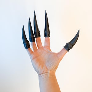 May include: Black claw-shaped finger covers. The set includes five individual finger covers, each designed to resemble a sharp claw. The finger covers are black and have a detailed design at the base of each claw. The hand is against a white background.