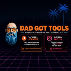 May include: A digital graphic featuring a 3D-rendered bald head with a bright blue beard and orange-tinted glasses. The text reads DAD GOT TOOLS, HIGH QUALITY 3D MODELS FOR YOUR CREATIVE PROJECTS, FOR PATREON LICENSES, and INSTAGRAM TAG US.
