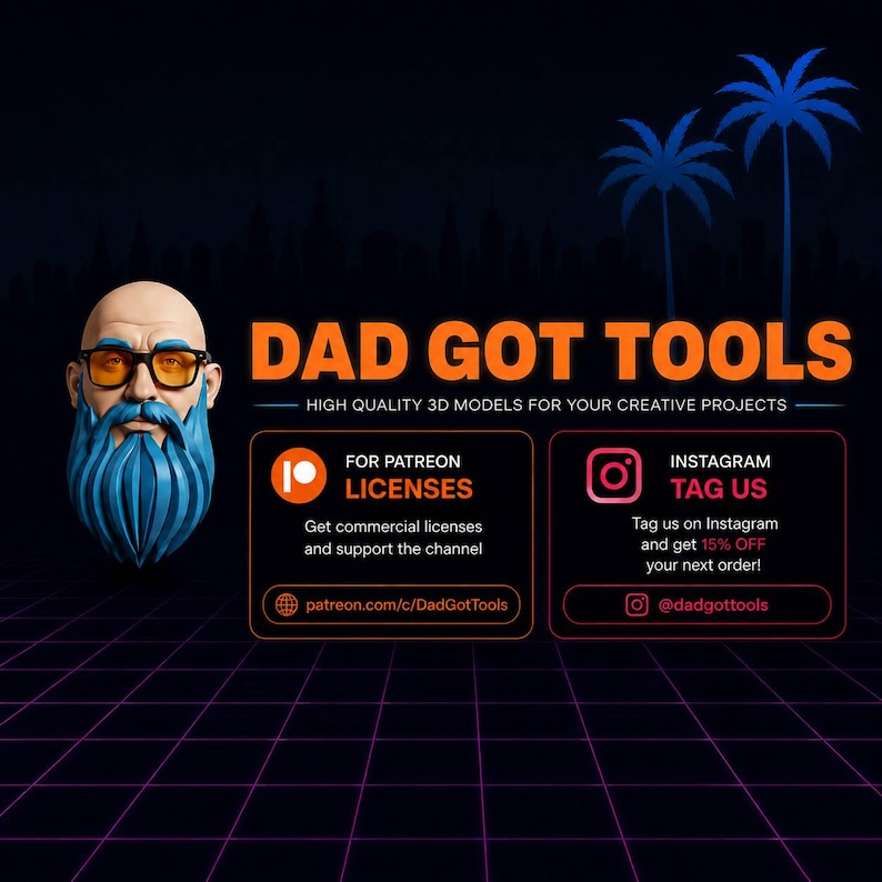 May include: A digital graphic featuring a 3D-rendered bald head with a bright blue beard and orange-tinted glasses. The text reads DAD GOT TOOLS, HIGH QUALITY 3D MODELS FOR YOUR CREATIVE PROJECTS, FOR PATREON LICENSES, and INSTAGRAM TAG US.