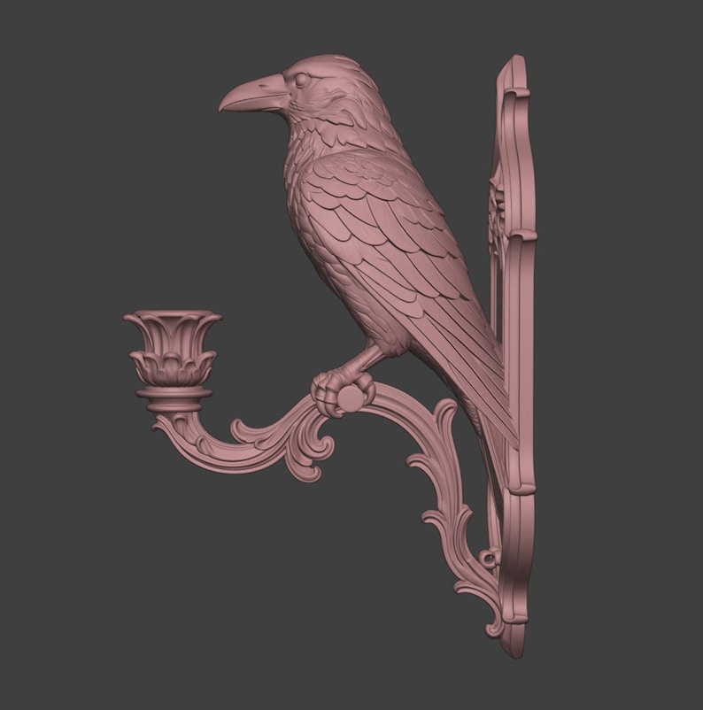May include: A dusty rose wall-mounted candle holder featuring a sculpted raven perched on a curved, ornate bracket. The bird is depicted in profile with detailed feather textures, and the candle cup has a fluted, petal-like rim design.