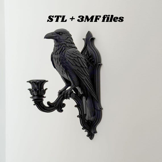 Gothic Raven Candle Sconce, Ornate Wall Candle Holder (STL + 3MF Files)