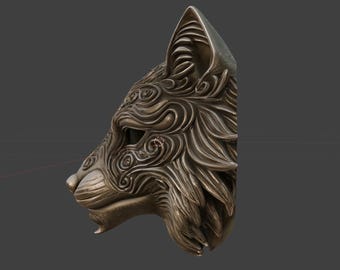 May include: A detailed, metallic sculpture of a cat's head in profile. The sculpture features intricate, swirling patterns across the fur and face, with a focus on the eye and ear. The colour is a muted bronze or gold, with a matte finish.