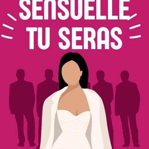 May include: Illustration with a pink background and white text that reads "REINEPARREINE SENSUELLE TU SERAS". A woman in a white dress and jacket stands in front of silhouettes of people. The image has a modern, stylish design.