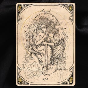 May include: A vintage-style card featuring an angel illustration. The artwork depicts a woman with long hair, wings, and a sword, with the word "Angel" at the top. The card has decorative borders and the text "Flying 4/4".