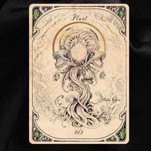 May include: A fantasy art card featuring a detailed illustration of a plant with multiple toothy mouths. The card has a beige background with gold accents and the word "Plant" at the top. The card also has the text "0/1" at the bottom.