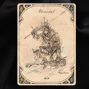 May include: A fantasy art card featuring a detailed illustration of a warrior figure kneeling with two swords. The card is labeled "Elemental" and includes the number "4/4". The artwork is framed with decorative borders and accents.
