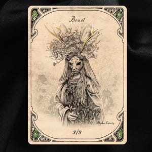 May include: A fantasy art card featuring a skeletal figure adorned with a floral crown and rabbit ears, labeled "Beast." The card has a vintage aesthetic with a beige background and decorative borders with green accents. The number "3/3" is displayed at the bottom.